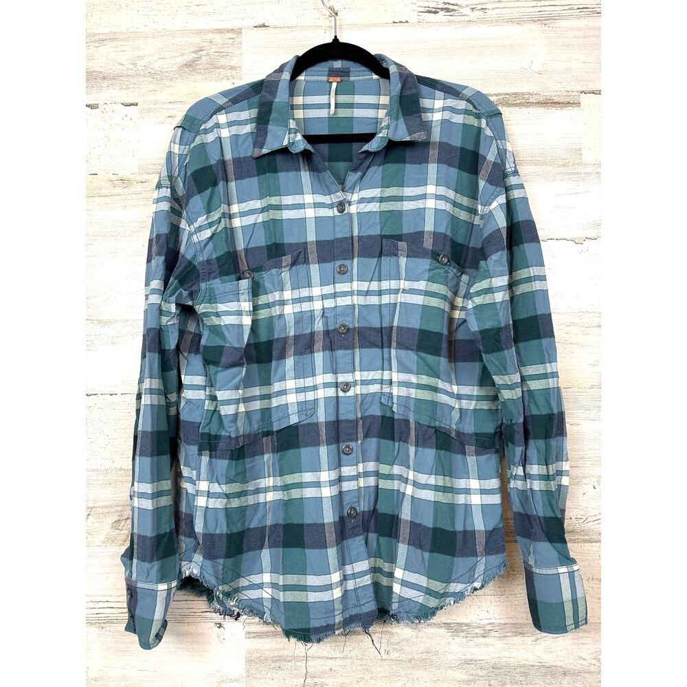 Free People Womens M Blue Loveland Plaid Fray Hem Button Down Oversized Shirt
